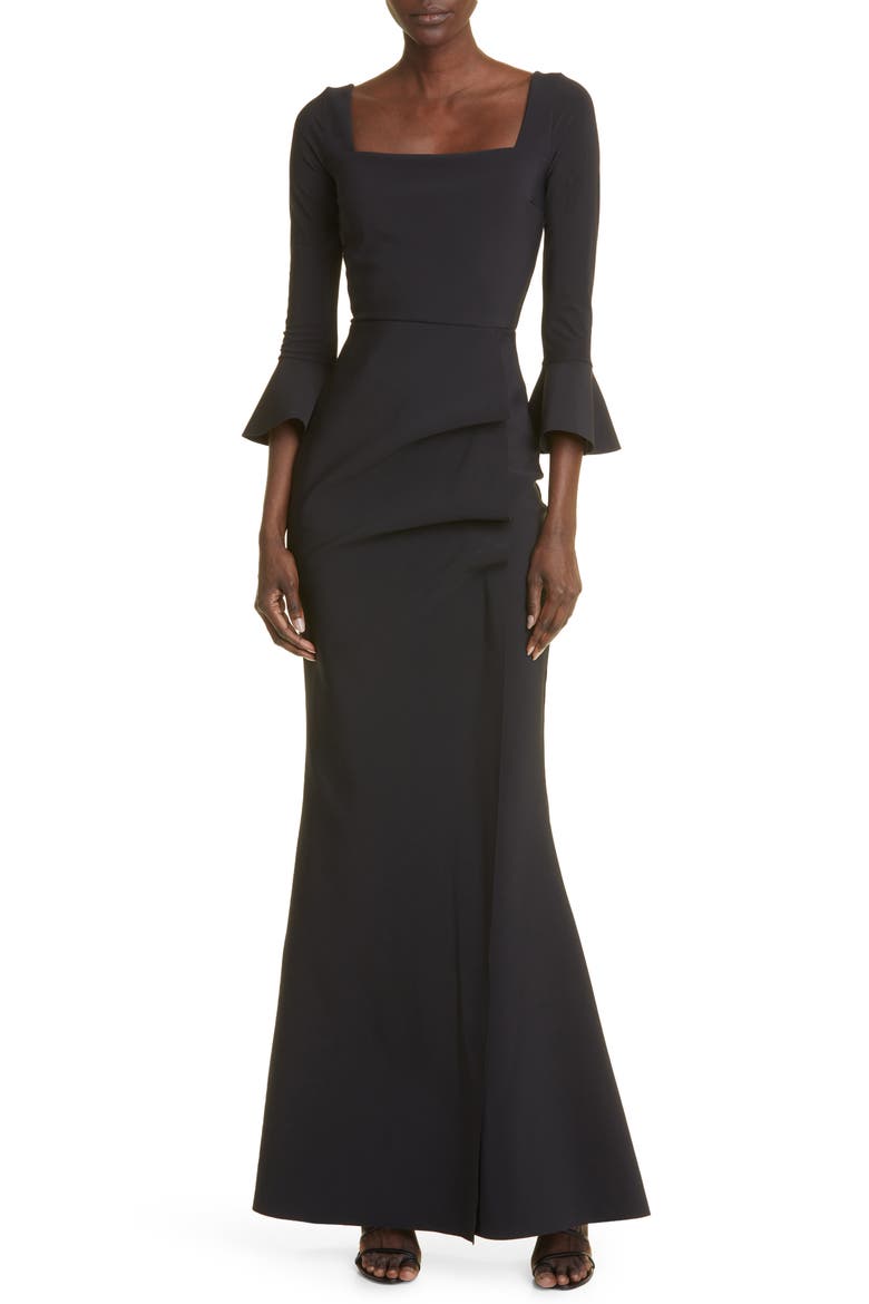 Astra Bell Sleeve Cocktail Gown, Main, color, BLACK