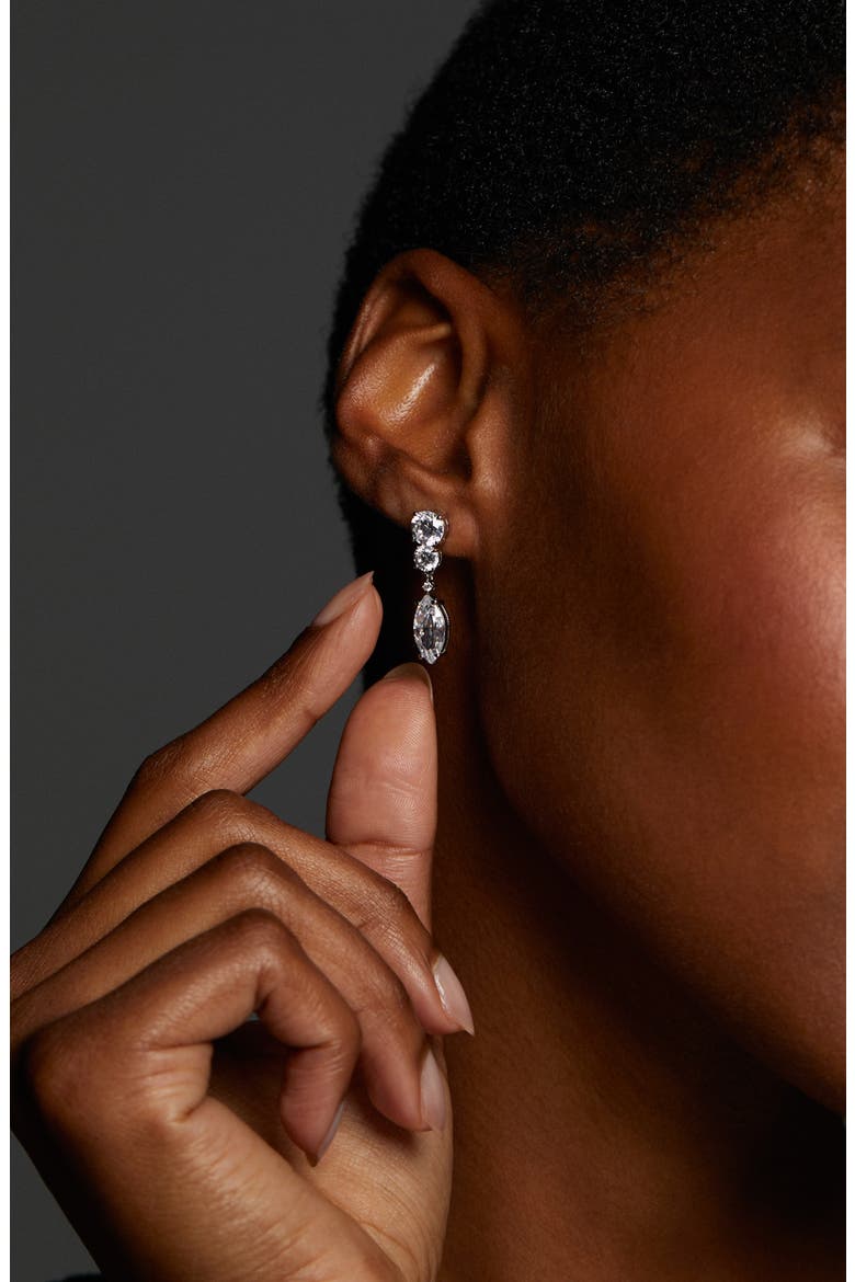 Everleigh Cubic Zirconia Double Drop Earrings, Alternate, color, RHODIUM
