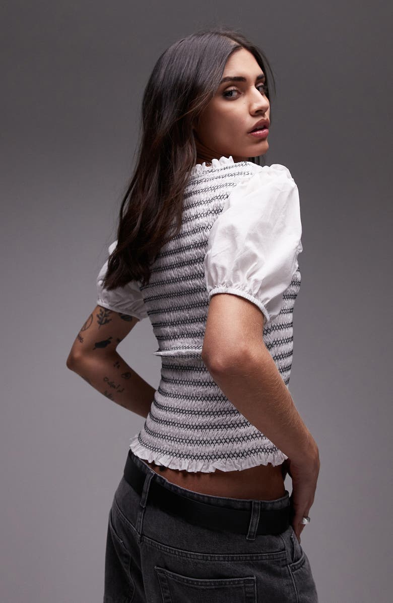 Topshop V-Neck Puff Sleeve Shirred Top, Alternate, color, White Multi