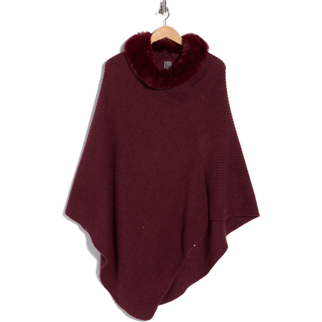 Vince Camuto Faux Fur Trim Poncho In Burgundy
