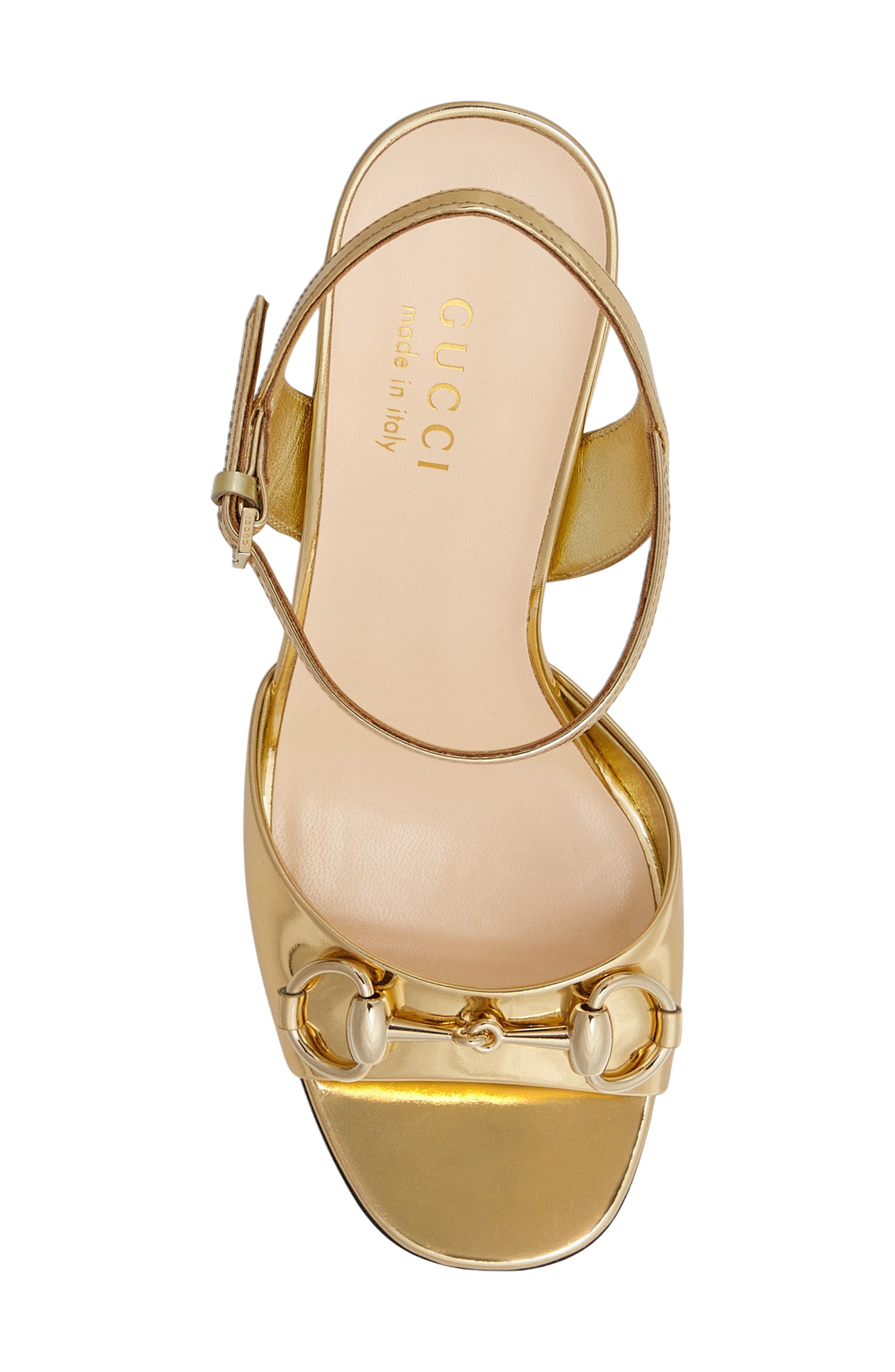 Gucci Horsebit Metallic Sandal, Alternate, color, Gold Glow