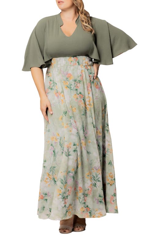 Kiyonna Avisa Flutter Sleeve Maxi Dress In Sage Floral Print