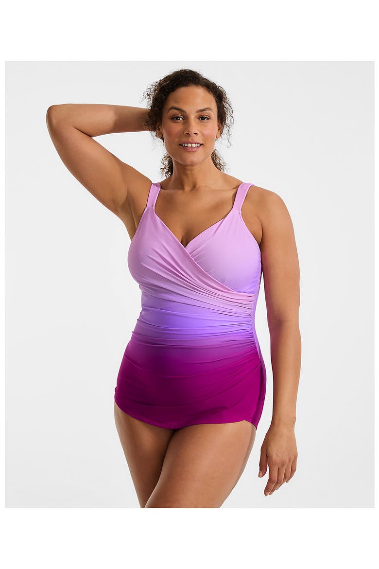 SlenderSuit V-Neck Skirted Low Leg One Piece, Alternate, color, Crimson Rose/Purple Ombre