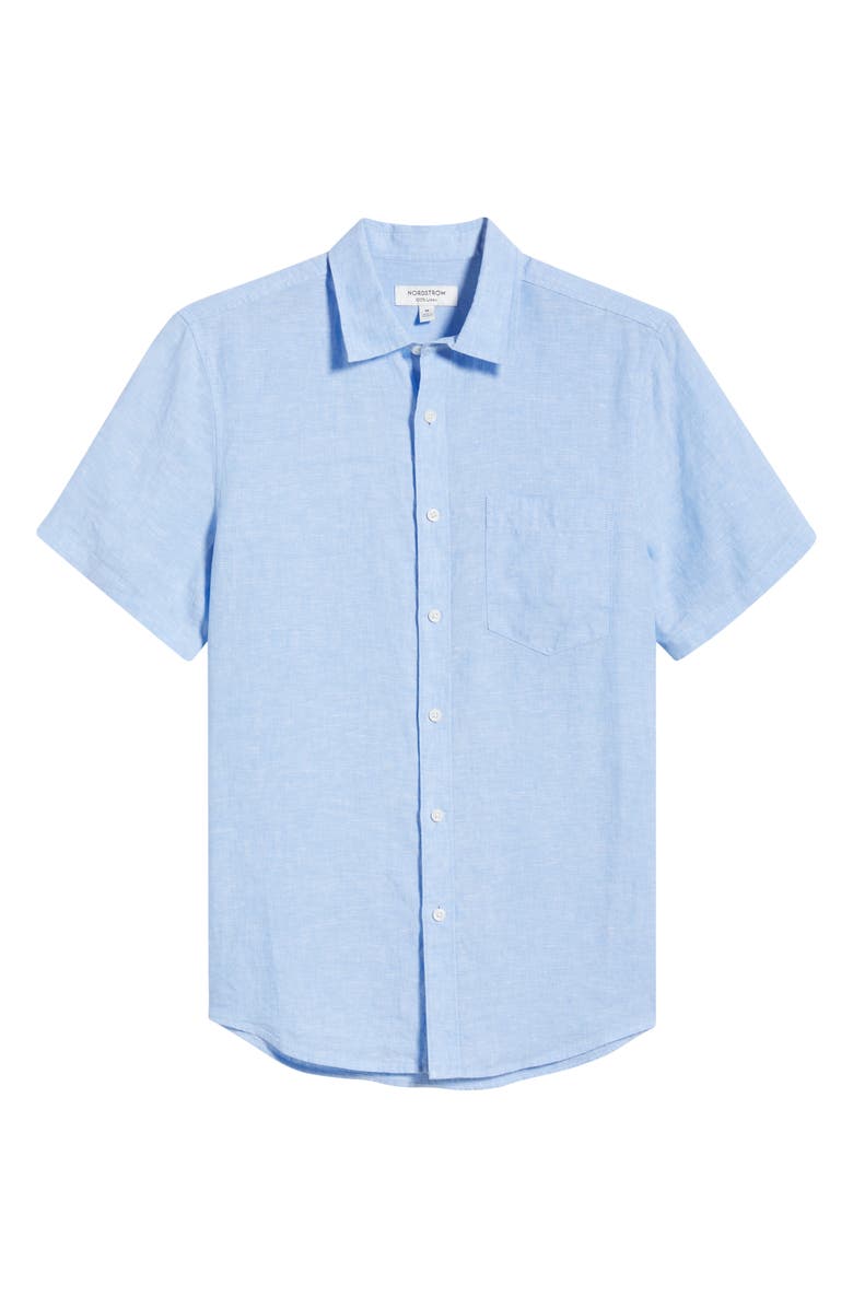 Nordstrom Solid Short Sleeve Linen Button-Up Shirt, Main, color, Blue Spruce - White Eoe