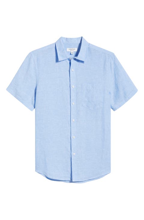 Solid Short Sleeve Linen Button-Up Shirt (Regular & Big)