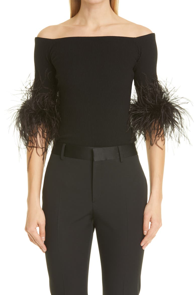 Feather Trim Off the Shoulder Cashmere Knit Top, Main, color, 1000 NOIR