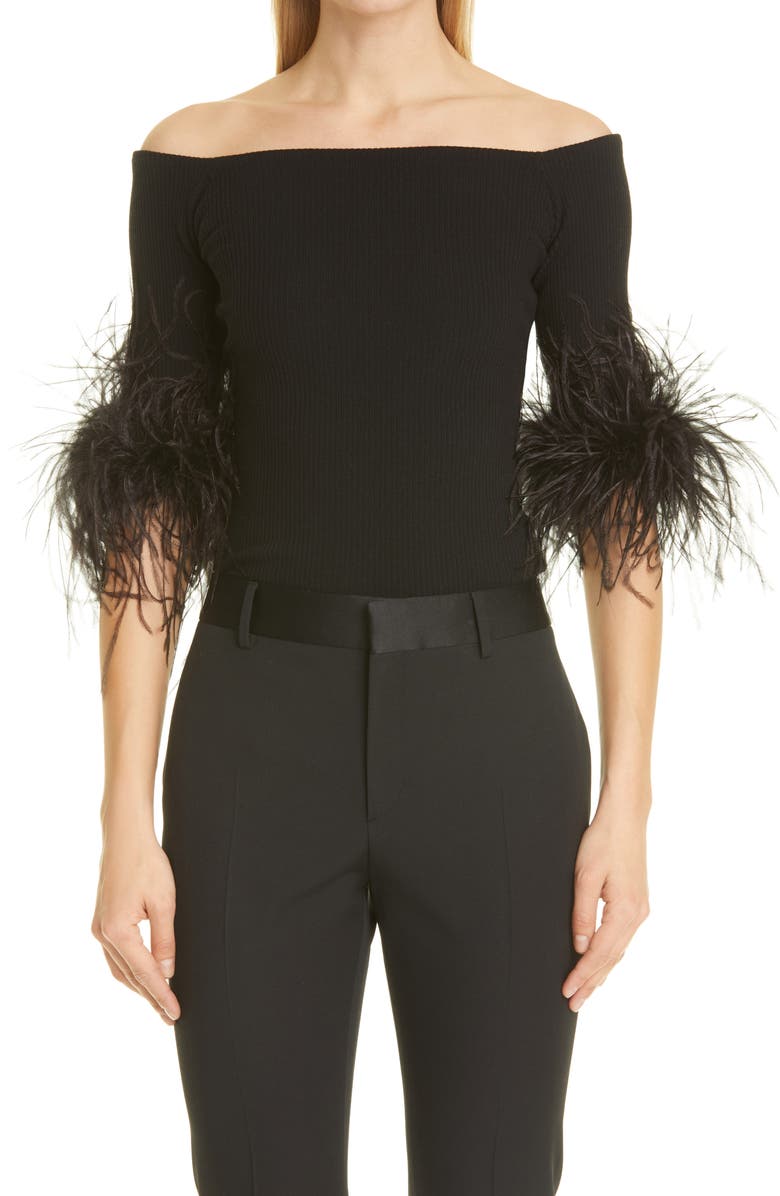 Saint Laurent Feather Trim Off the Shoulder Cashmere Knit Top, Main, color, 