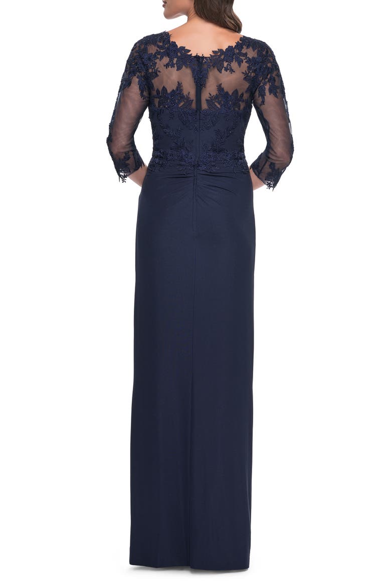 Long Jersey Evening Dress with Lace Detail Neckline and Sleeves, Alternate, color, Navy