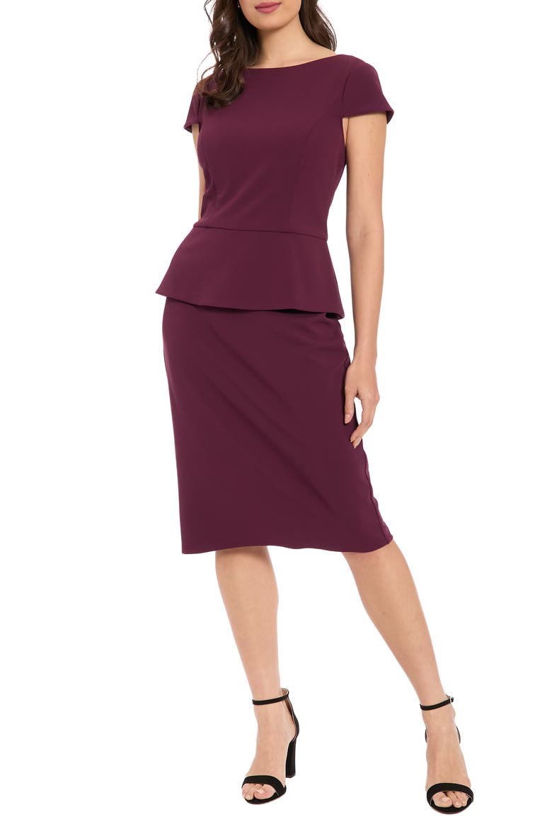 Cap Sleeve Peplum Sheath Dress, Main, color, ITALIAN PLUM