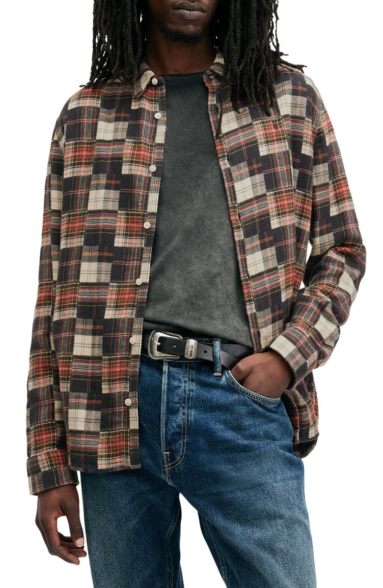 AllSaints Jude Patchwork Plaid Flannel Button-Up Shirt, Main, color, Red