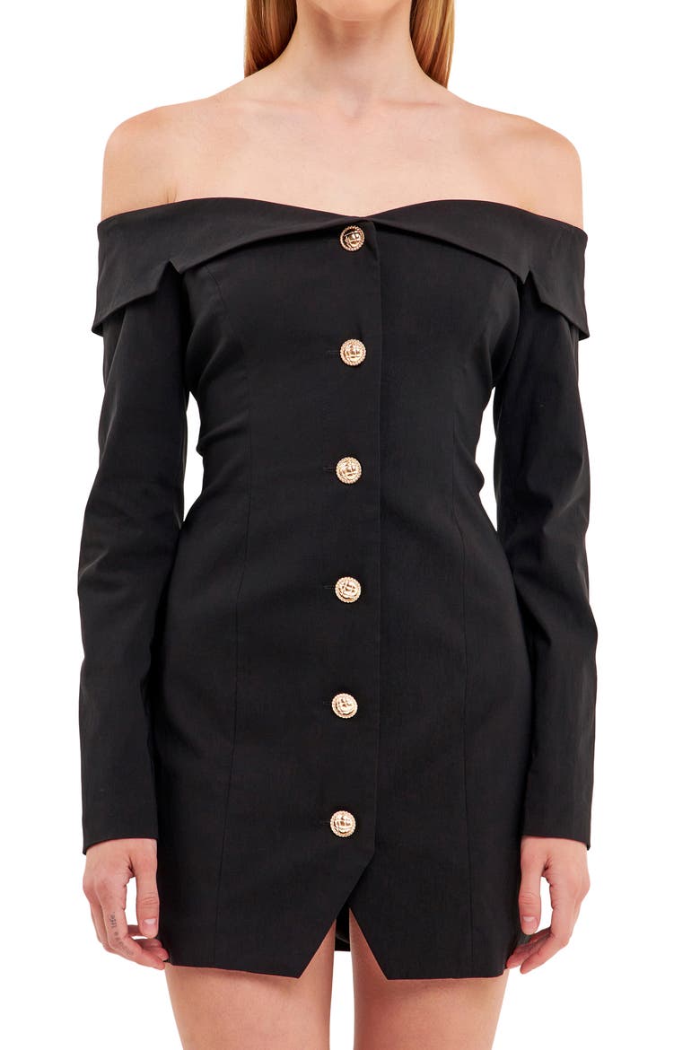Off the Shoulder Long Sleeve Blazer Minidress, Alternate, color, BLACK