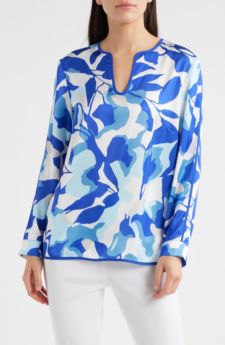 Ming Wang Split Sleeve Crêpe de Chine Blouse, Main, color, Sapphire Sea/ Dawn/ Multi