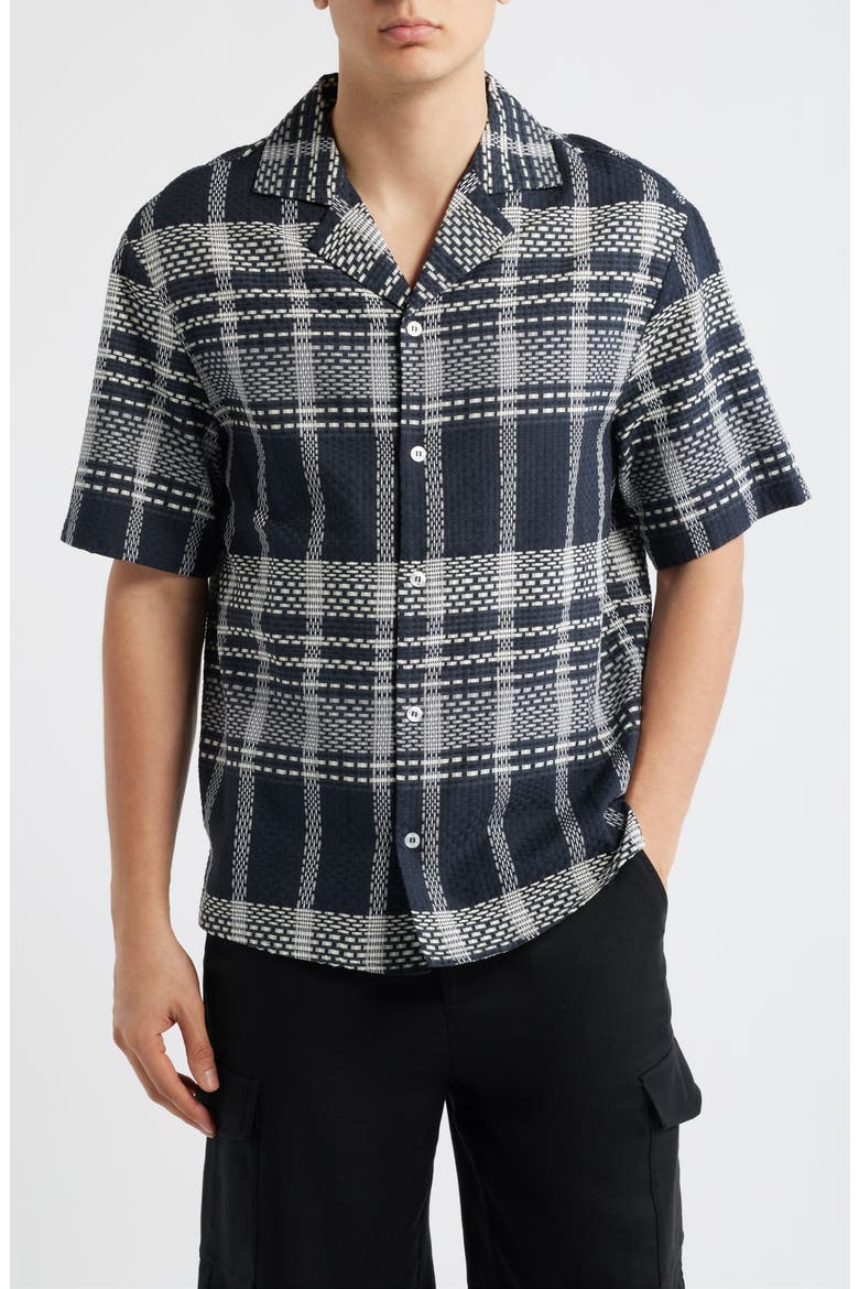 Plaid Cotton Camp Shirt, Main, color, DARK NAVY
