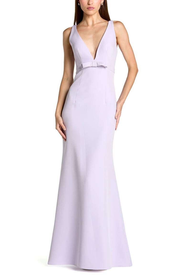 Crepe Sleeveless V Neck Sheath Gown With Bow, Main, color, Lilac