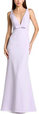 Mac Duggal Crepe Sleeveless V Neck Sheath Gown With Bow