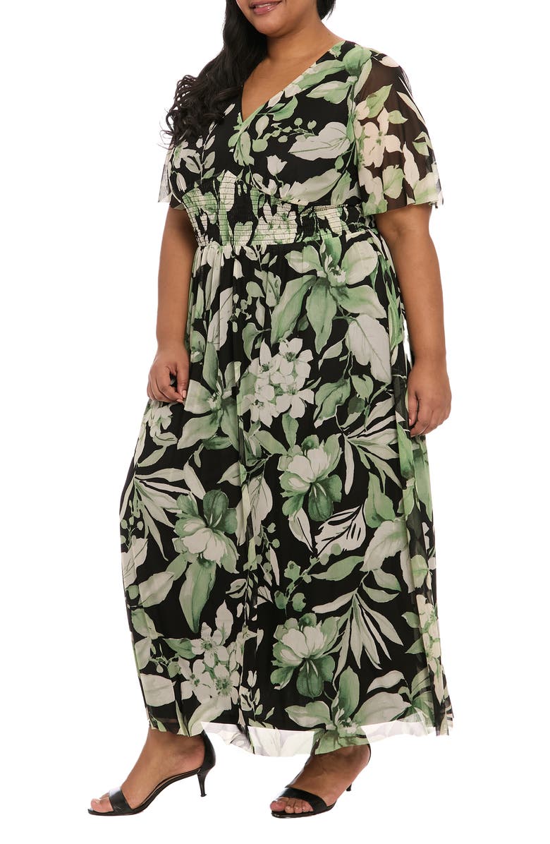 London Times Mesh Flutter Sleeve Maxi Dress, Alternate, color, Black/ Green