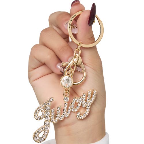 Juicy Couture Crystal Pave "juicy" Script Gold-tone Keychain In Gold