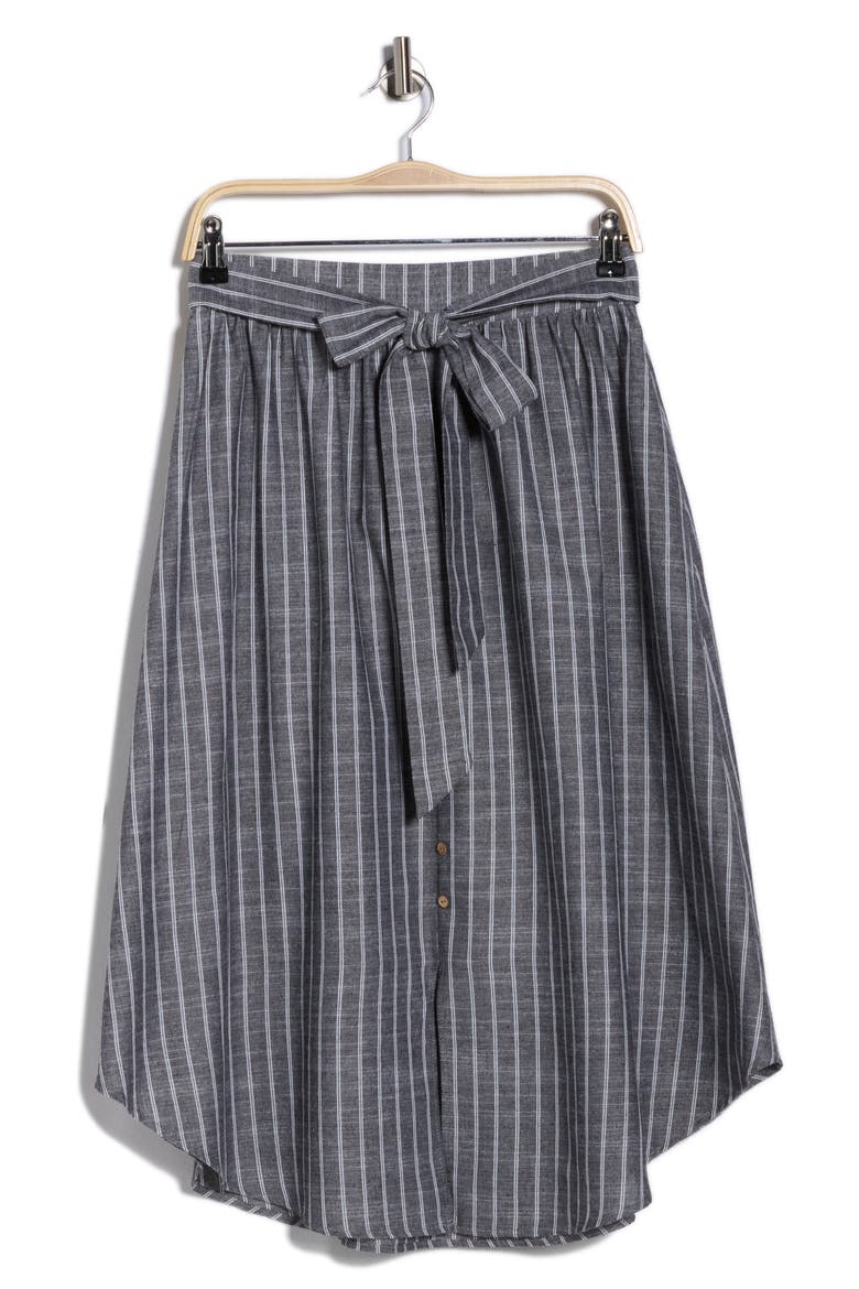 Stripe Curve Hem Linen Blend Midi Skirt, Alternate, color, BLACK