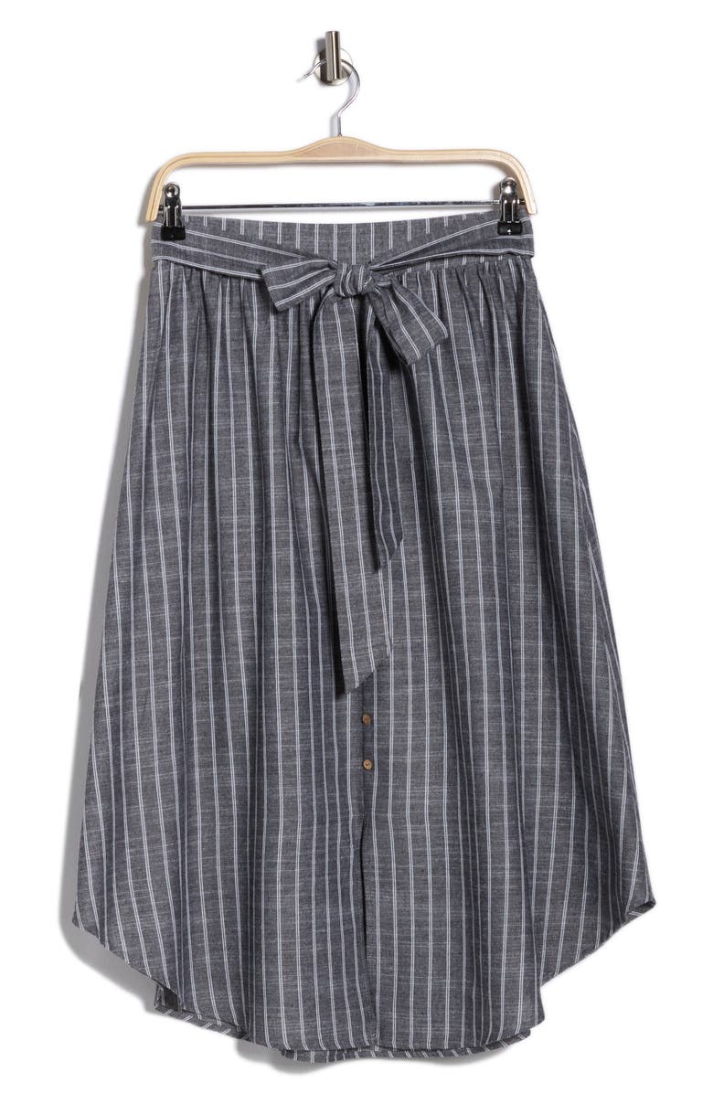 Renee C Stripe Curve Hem Linen Blend Midi Skirt, Alternate, color, Black