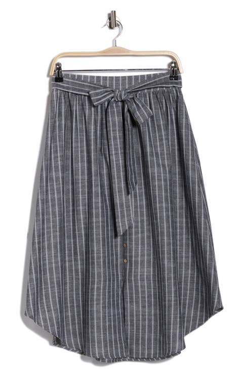 Stripe Curve Hem Linen Blend Midi Skirt