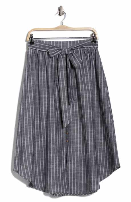 Renee C Stripe Curve Hem Linen Blend Midi Skirt