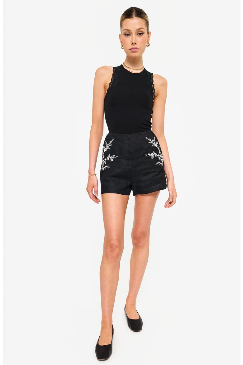 Thessaly Floral Embroidered High Waist Linen Shorts, Main, color, BLACK