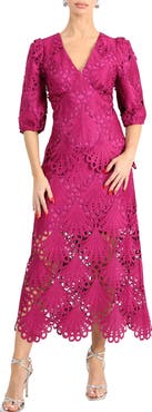 Adelyn Rae Kinsley Puff Sleeve Lace Midi Dress