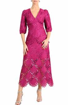 Adelyn Rae Kinsley Puff Sleeve Lace Midi Dress