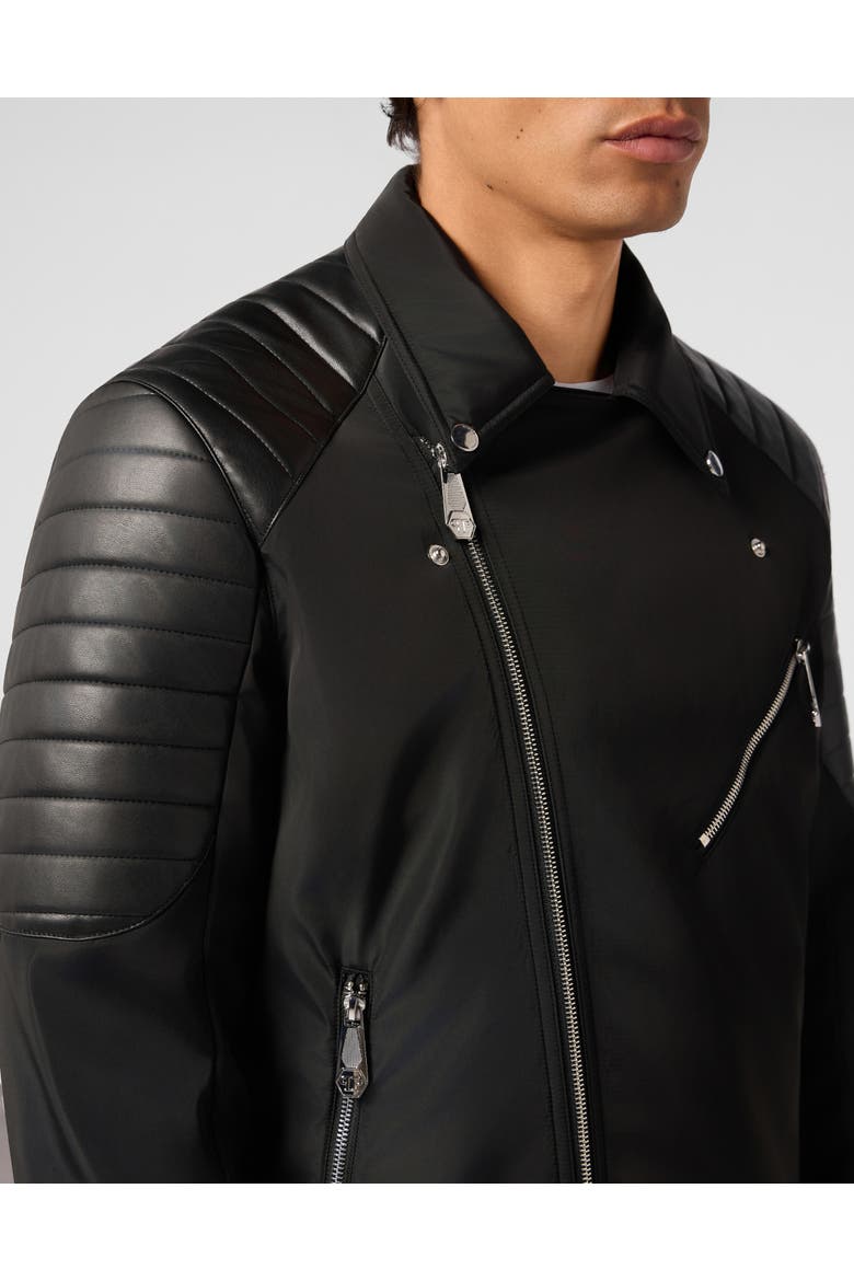 Nylon Biker Jacket Eco Leather Inserts Men, Alternate, color, black