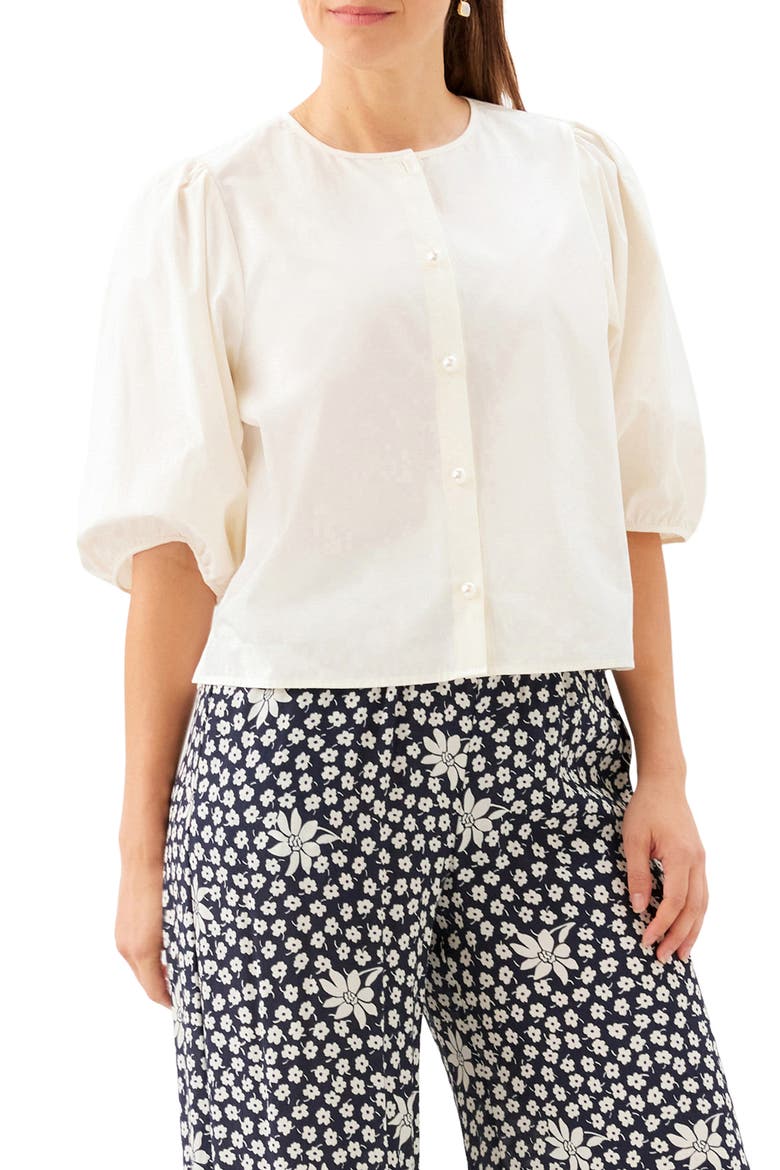 Puff Sleeve Faux Pearl Button Cotton Shirt, Alternate, color, CREAM