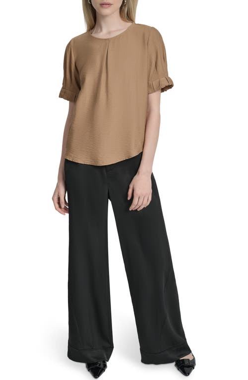 Dkny Crinkle Texture Short Sleeve Top In Brown