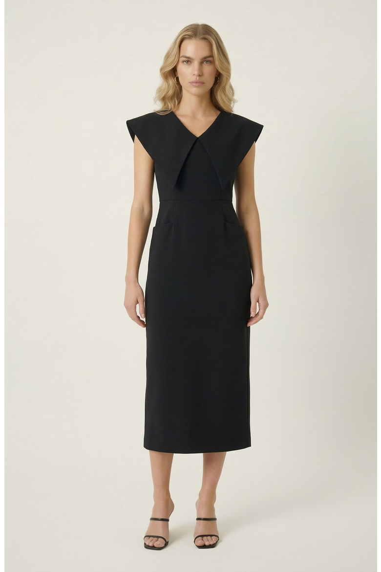 Wide Collar Midi Sheath Dress, Main, color, Black
