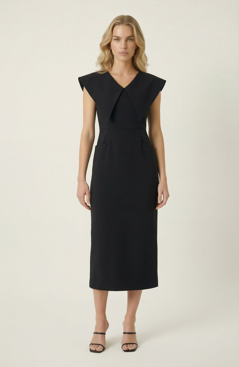 Modenaire Wide Collar Midi Sheath Dress, Main, color, Black