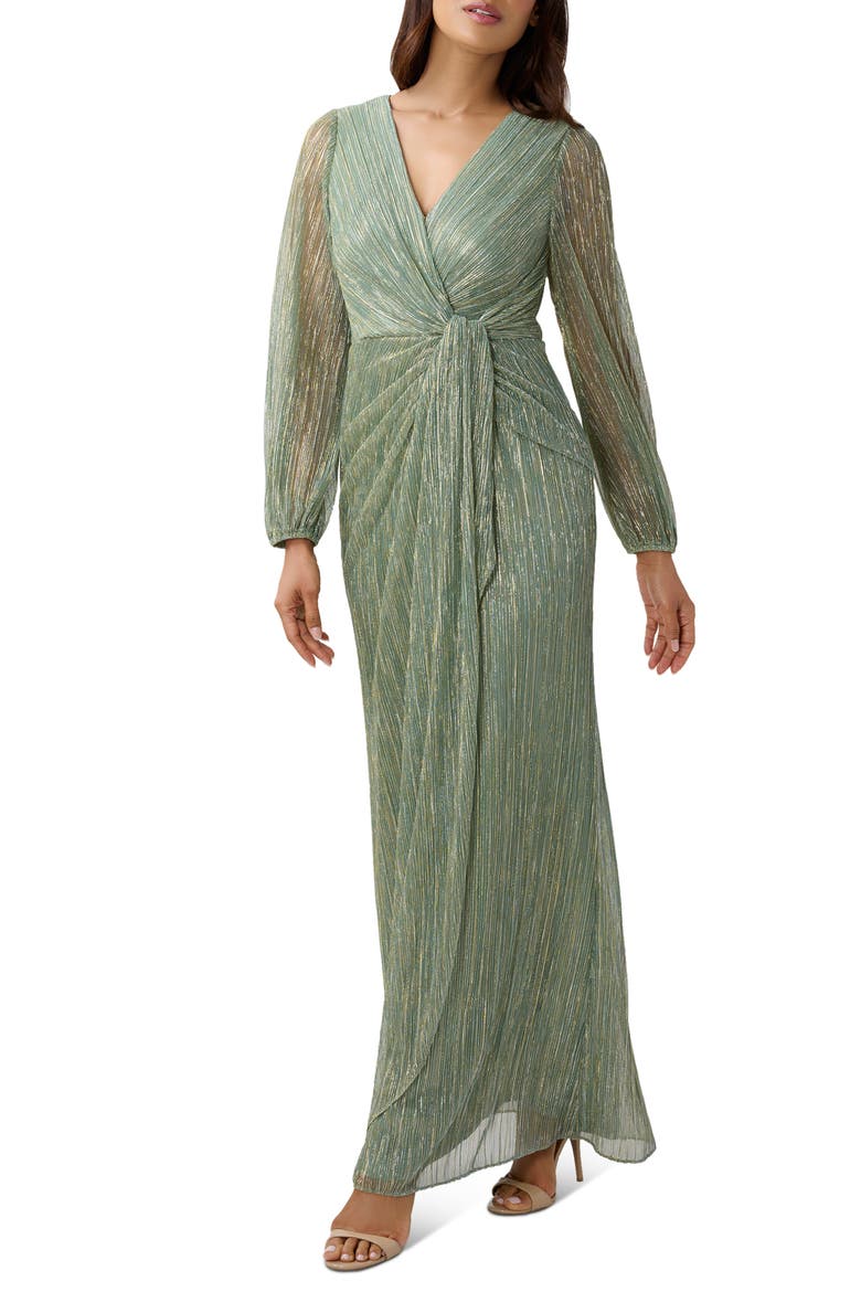 Metallic Long Sleeve Mesh Evening Gown, Alternate, color, GREEN SLATE