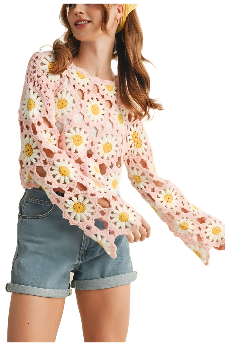 Knit and Lounge Crochet Daisy Bell Sleeve Top, Alternate, color,
