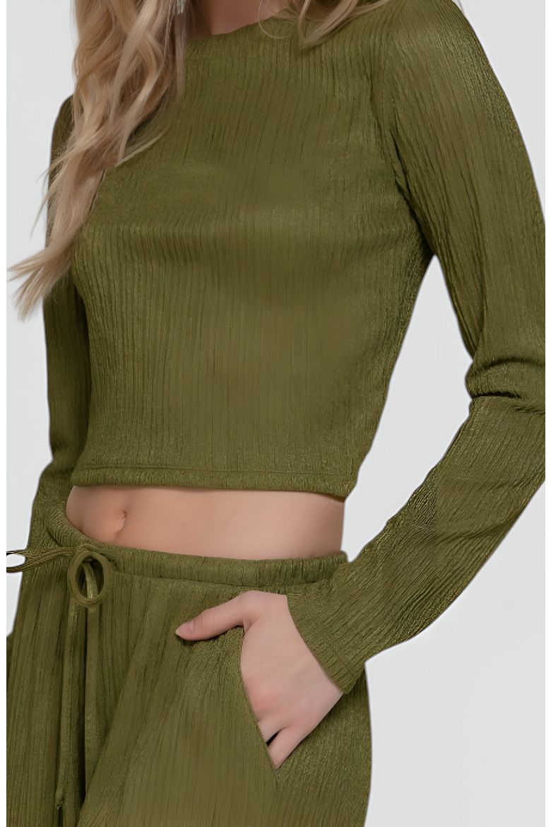 Ribbed Long Sleeve Crop Top and Wide Leg Lounge Pants Set with Drawstring, Alternate, color, Olive Green