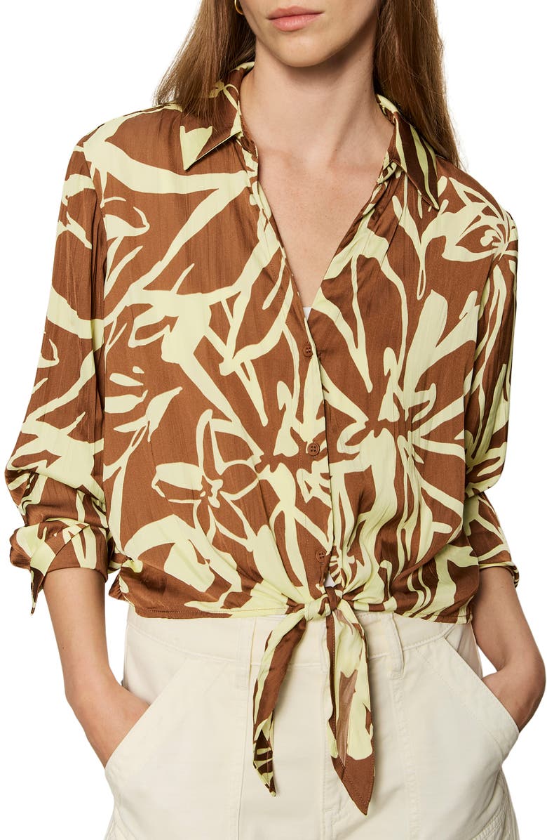 Sanctuary Lover Print Tie Hem Crop Sateen Shirt, Alternate, color, Lemon Root Brown