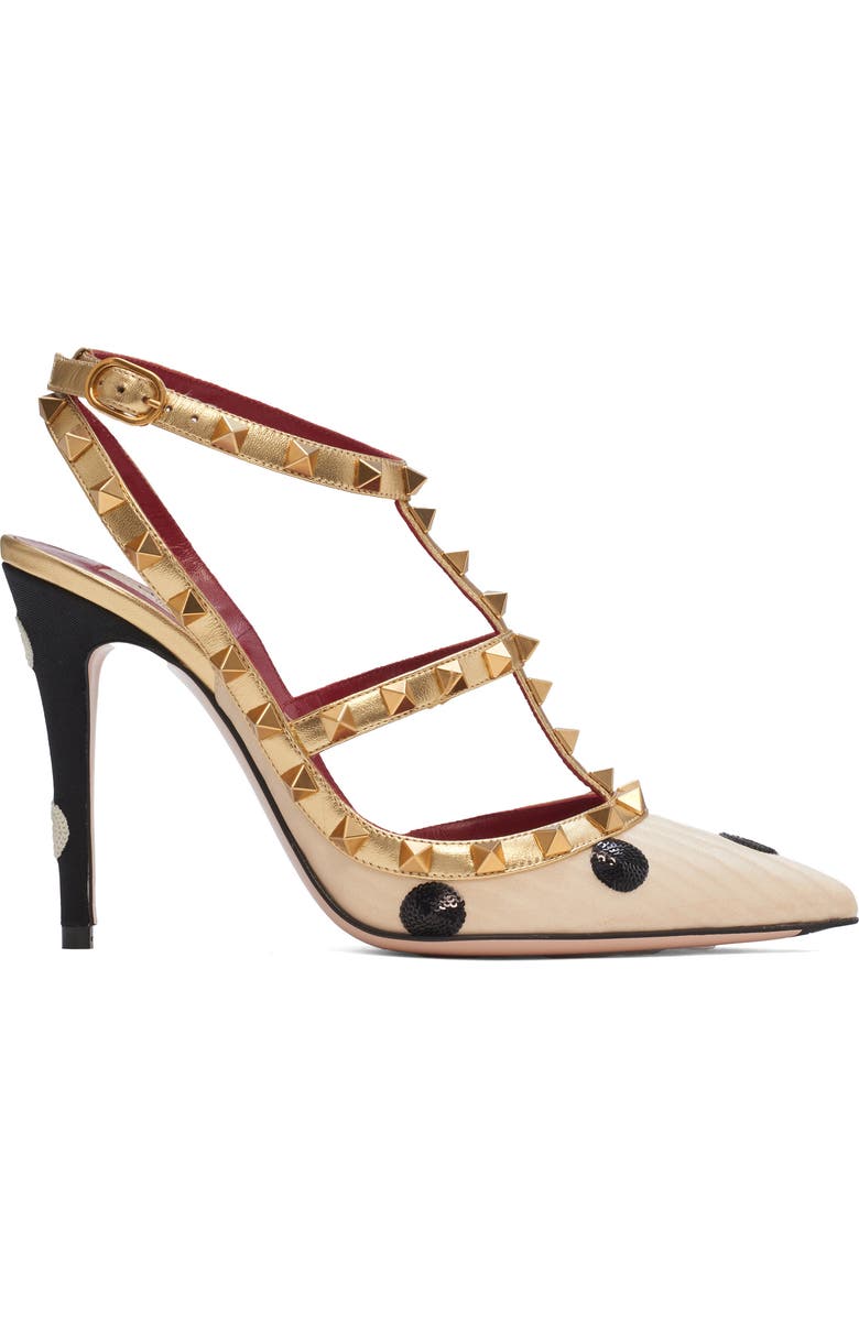 Valentino Garavani Rockstud Sequin Polka Dot Satin Ankle Strap Pump, Alternate, color, Butter/ Black