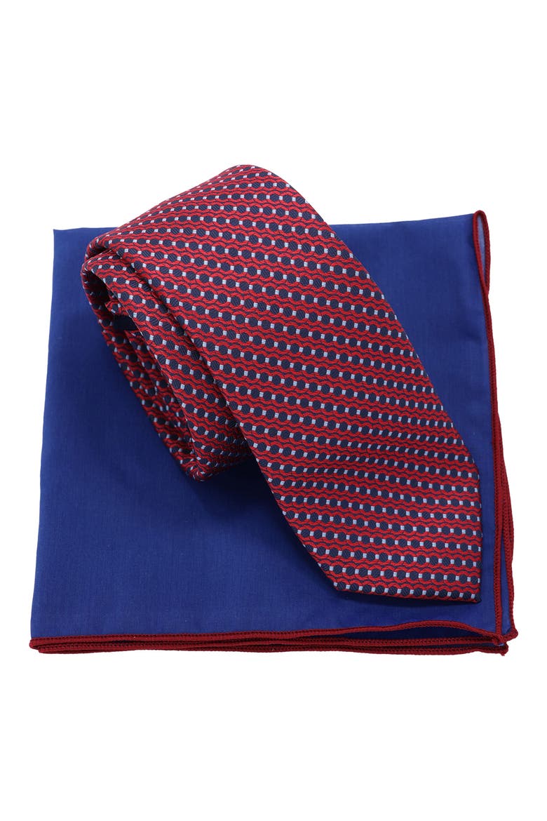 Geometric Tie & Pocket Square Box Set, Main, color, NAVY RED