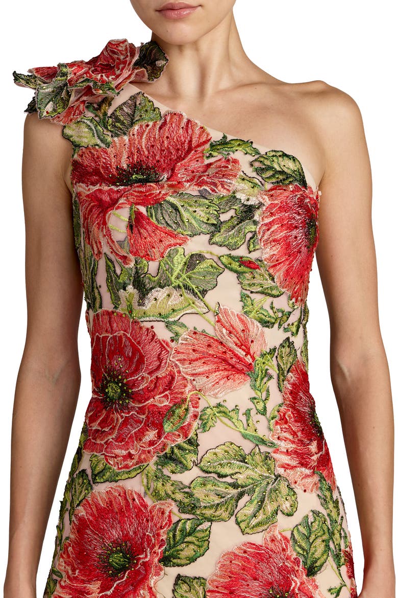 Embroidered One Shoulder Dress With Fringe Hem, Alternate, color, Nude Multi
