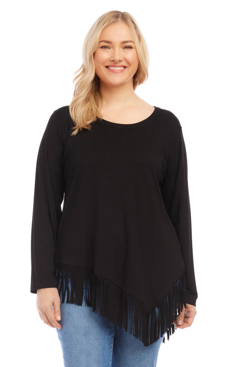 Asymmetric Long Sleeve Fringe Top, Alternate, color, BLACK