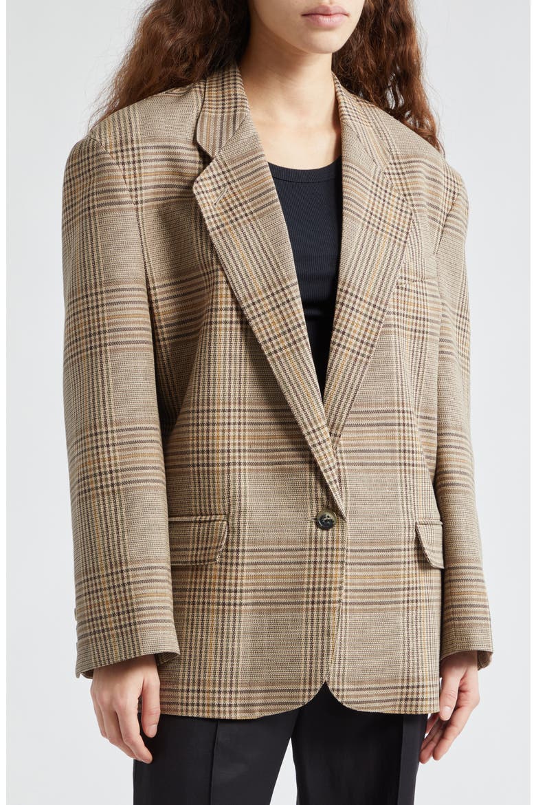 Massive One-Button Plaid Cotton & Linen Blazer, Alternate, color, SAND GLEN CHECK