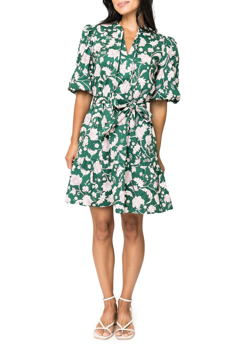 Floral Print Tie Waist Dress, Main, color, FOLIAGE GREEN PRINT