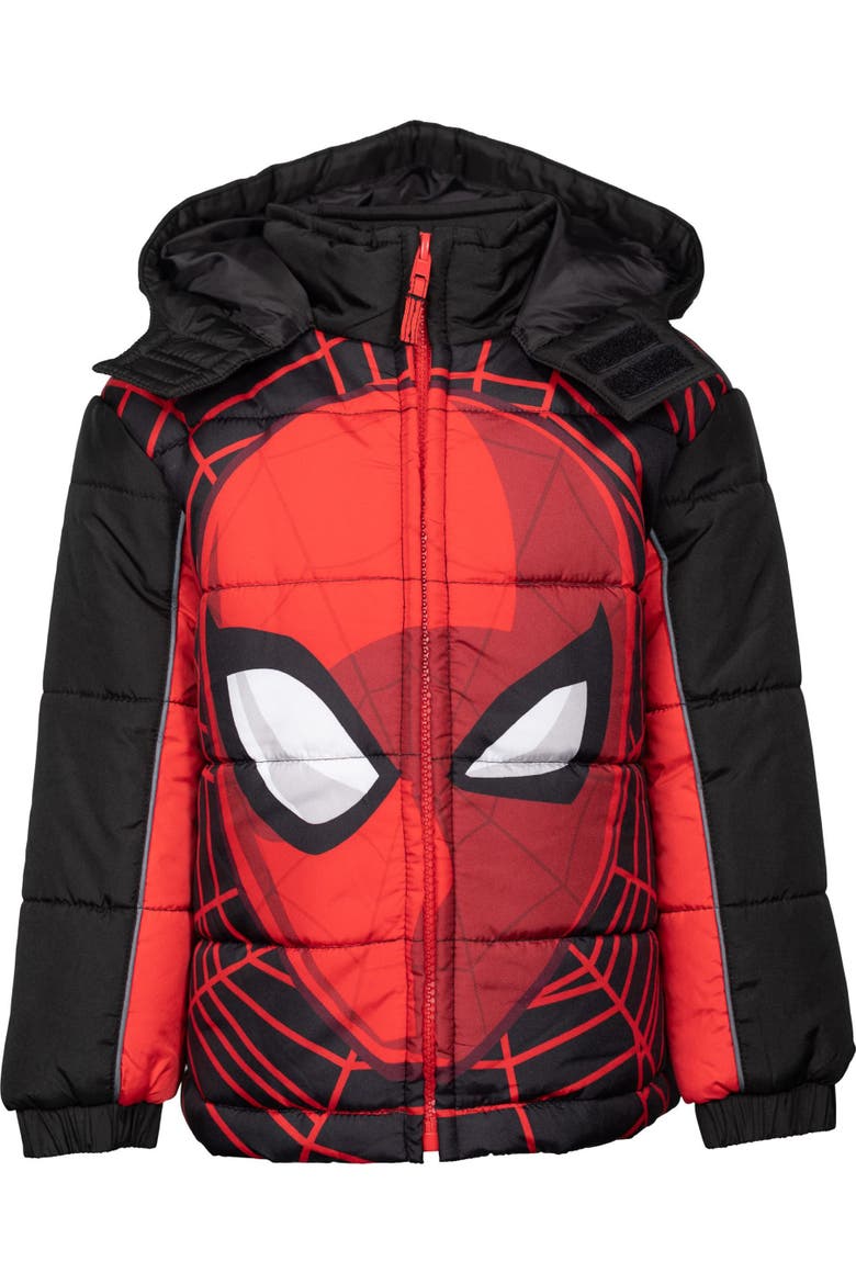 Spider-Man Hooded Zip-Up Puffer Jacket, Alternate, color, Spider Man Red Black