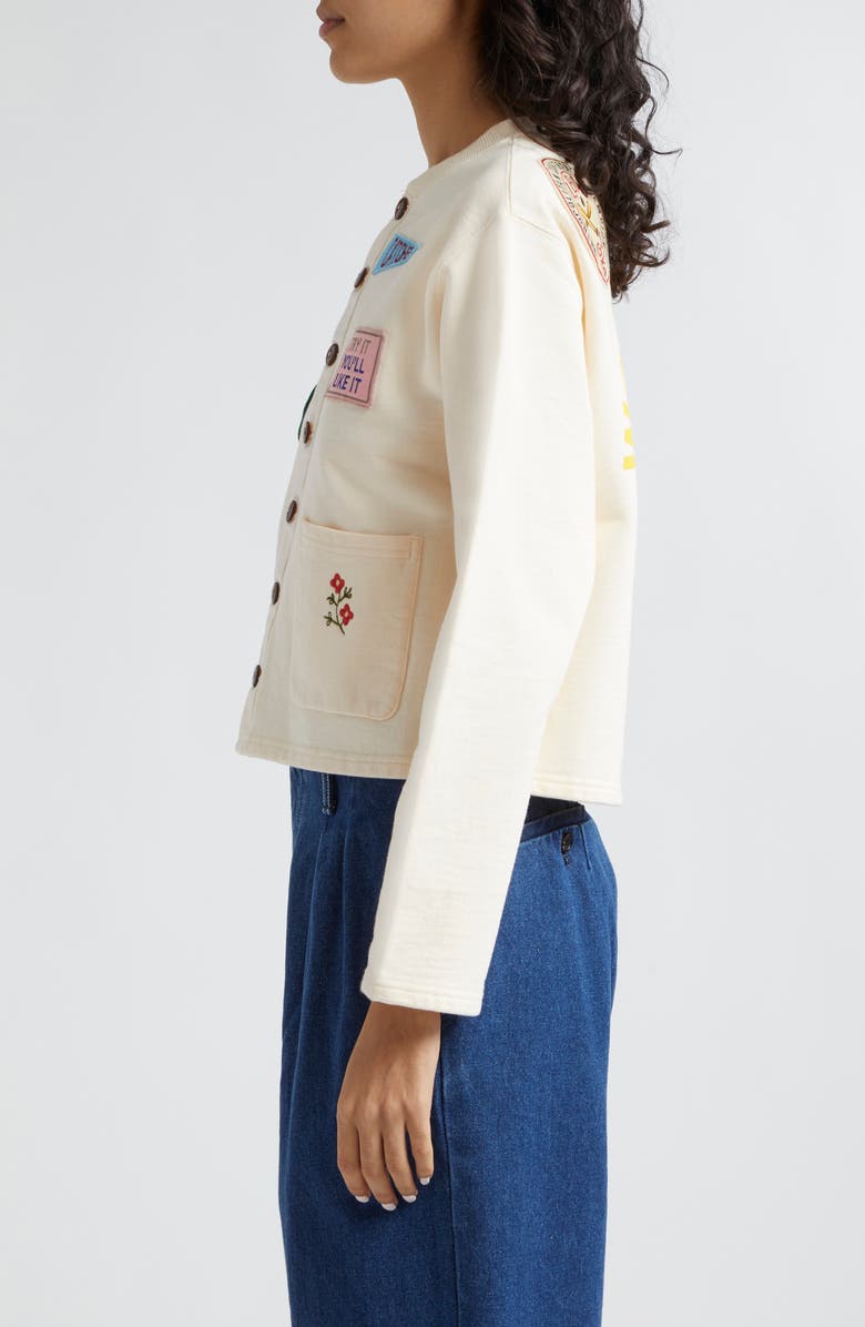 Bode Emblem Patch Crop Cotton Cardigan, Alternate, color,