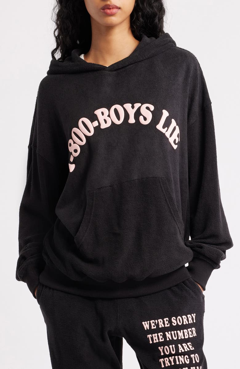 BOYS LIE 1-800 Logo High Pile Fleece Hoodie, Main, color, Black