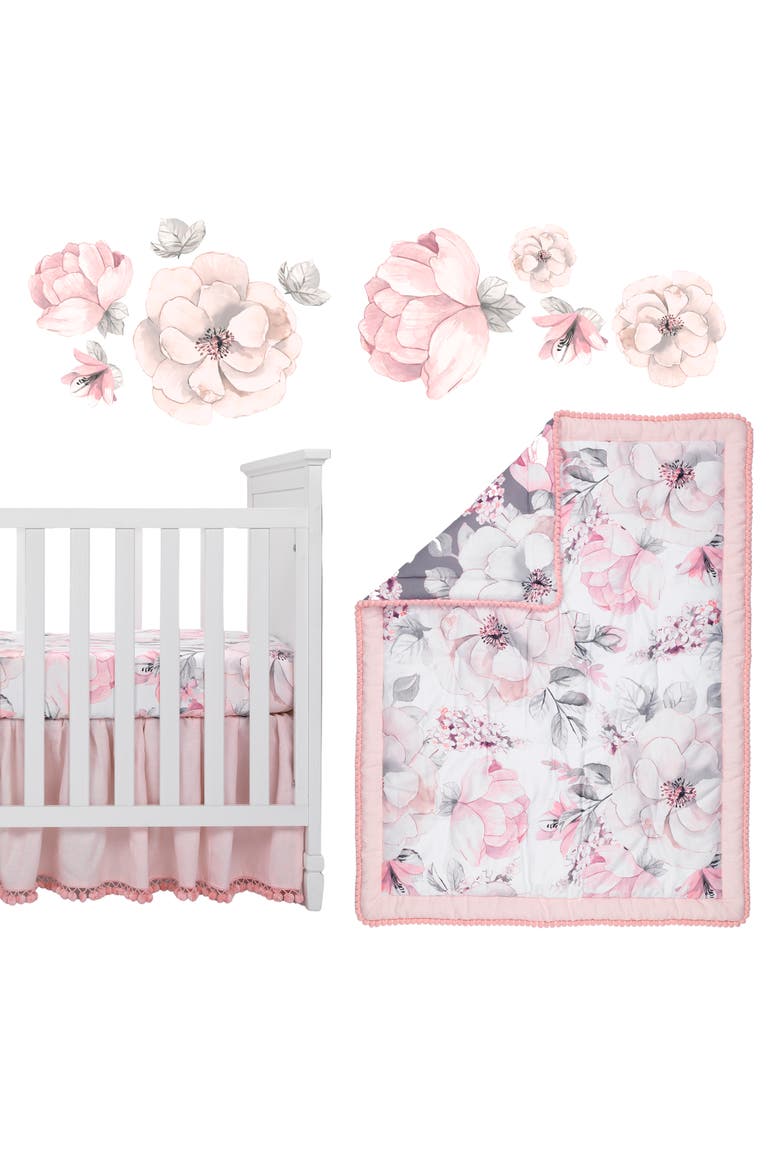 Signature Botanical Baby Watercolor Floral 4-Piece Crib Bedding Set, Main, color, Pink