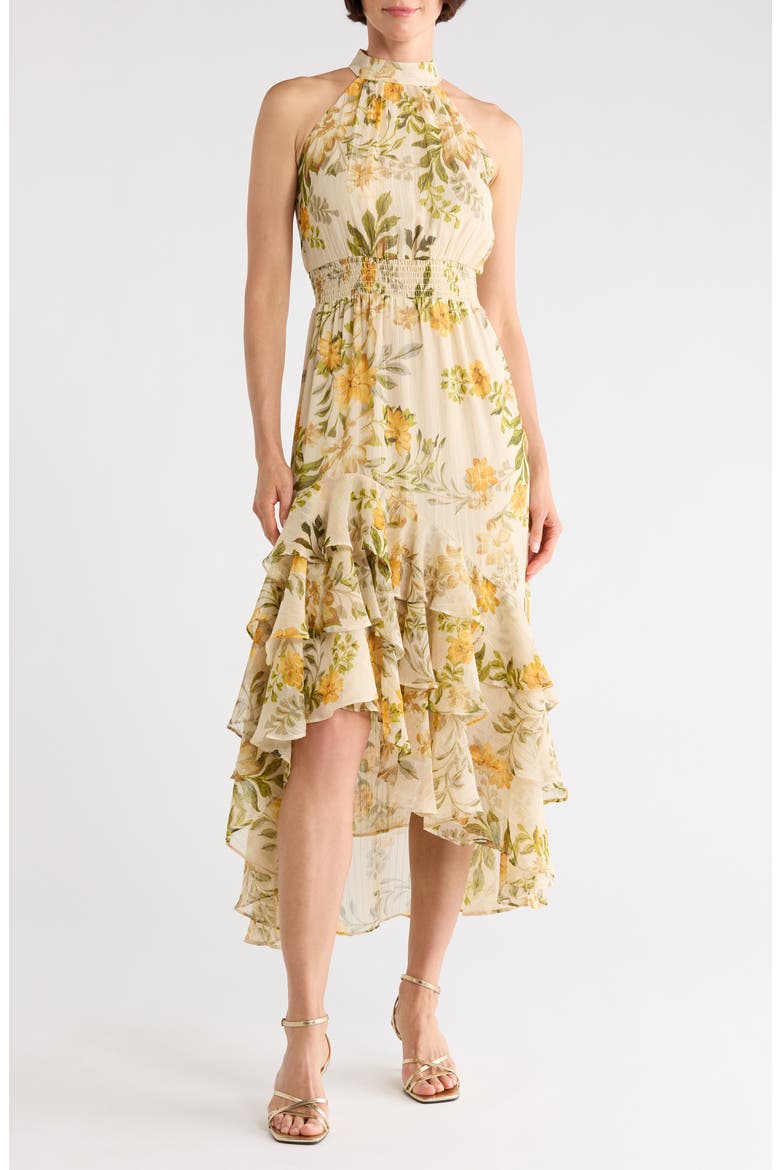 Floral Halter Neck Ruffle Chiffon Maxi Dress, Main, color, SUNFLOWER