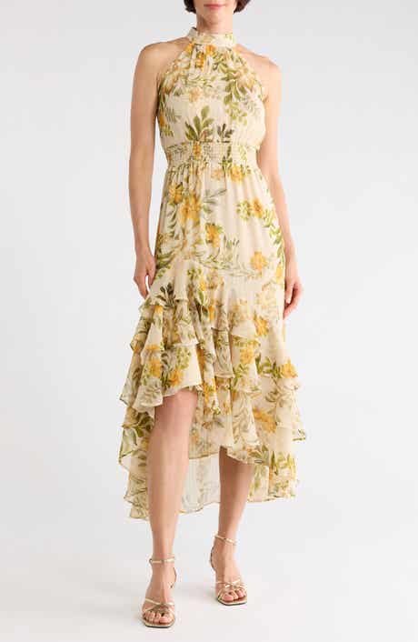 CeCe Floral Halter Neck Ruffle Chiffon Maxi Dress