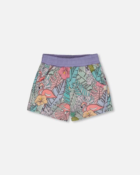 Girl's Printed French Terry Short Lilac Tropical And Pink Flamingos